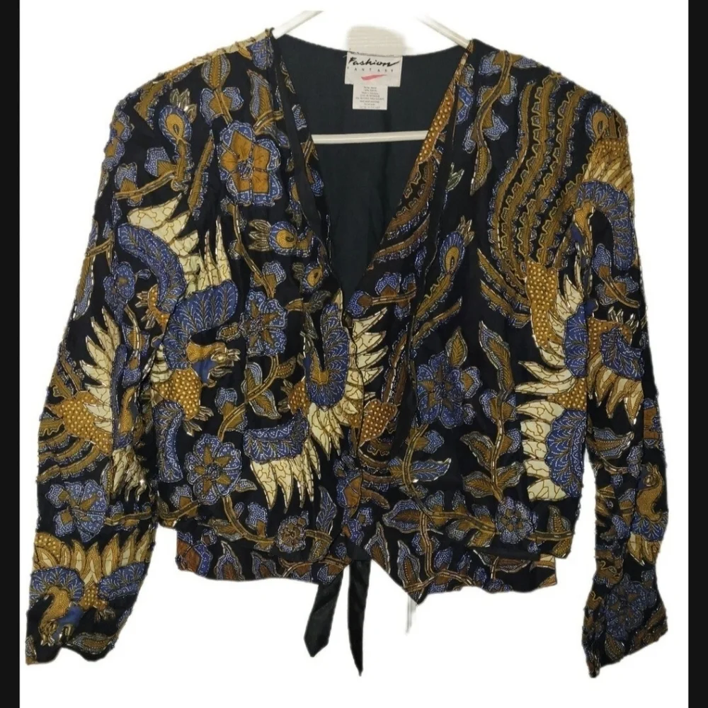 Vintage Fashion Fantasy 2 Piece Sparkling Floral Beaded Set Sz Sm/M Jacket Vest